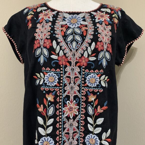 Johnny Was Maisie Peasant Tunic Dress Women’s S Black Linen Floral Embroidery - Picture 3 of 8